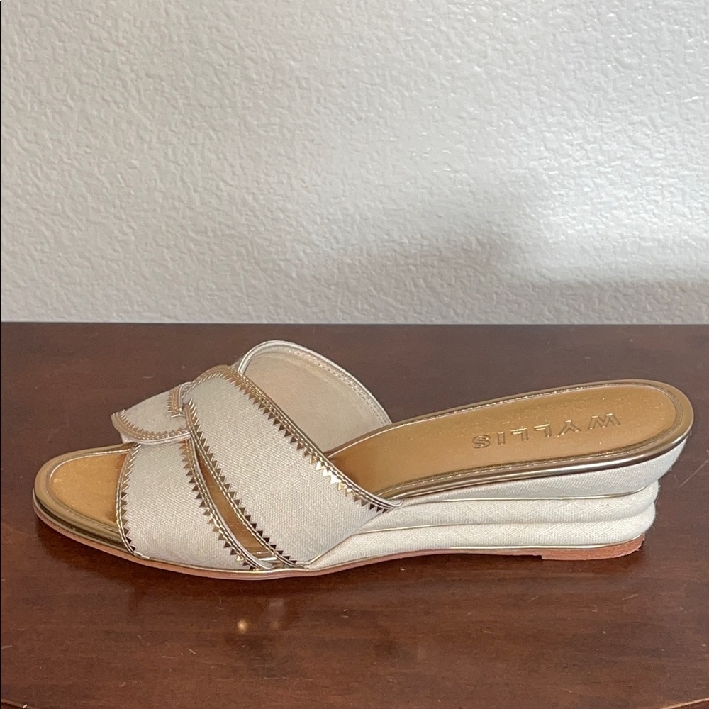 WYLLIS Cream Canvas Slide Wedge Sandals with Gold Trim